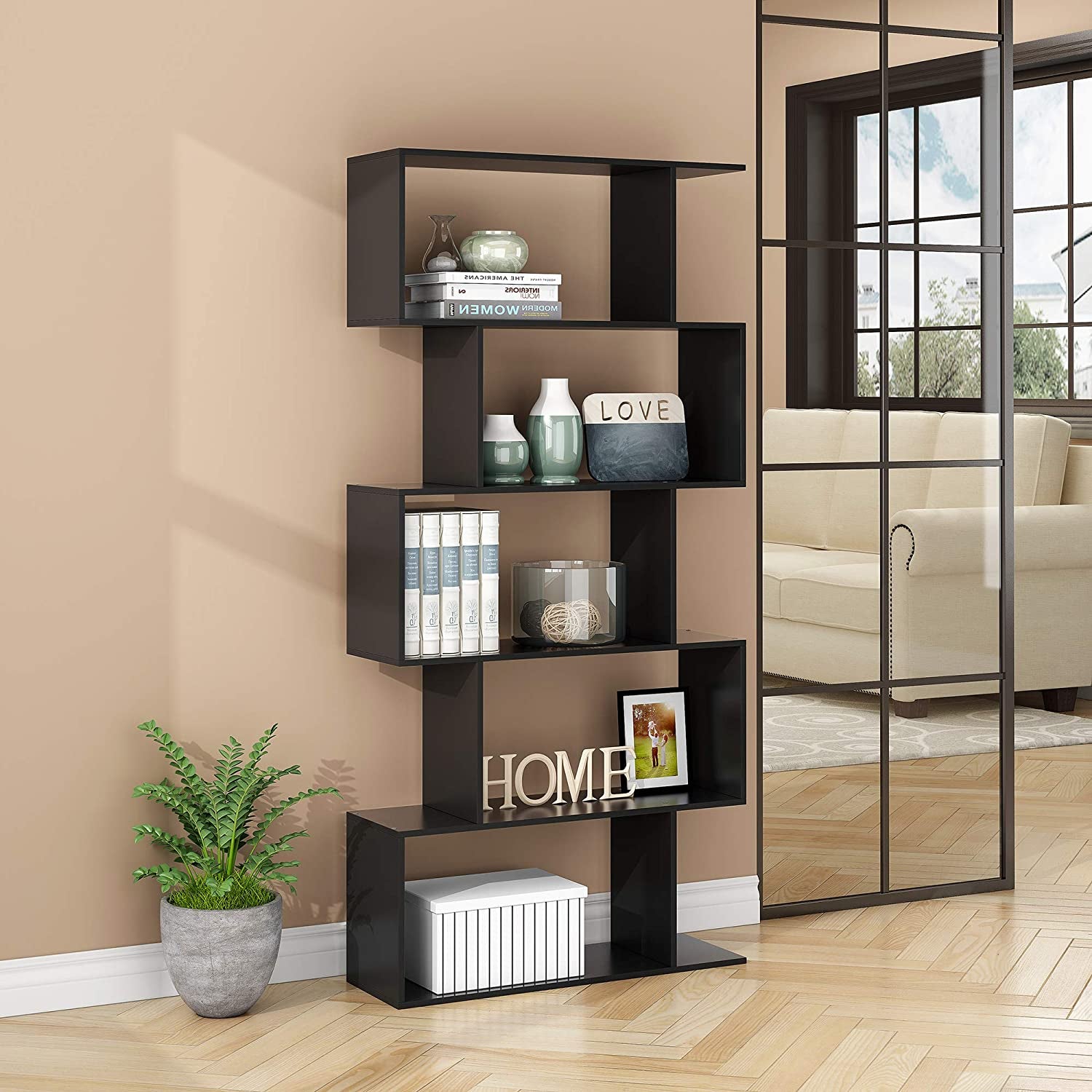 Wood Modern Bookshelf, 5 Tier Geometric Bookcase, Black Tall Bookshelf, Cube Display Cabinet,Freestanding Storage Shelving for Bedroom, Living Room, Office