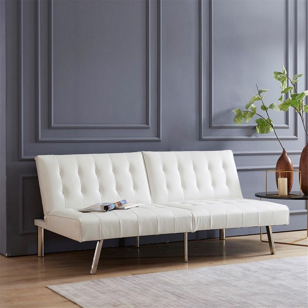 White Convertible Futon Sofa, Modern Reclining Black Sleeper Sofa, Tufted Split Back Linen Futon Sofa Bed
