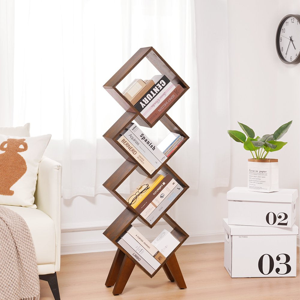 Small Bookshelf, Wood Bookcase 4-Tier Book Shelf for Bedroom, Geometric Bookcases Display Shelf, Industrial Bookshelves Floor Standing for Cds/Books in Small Spaces, Living Room, Home Office