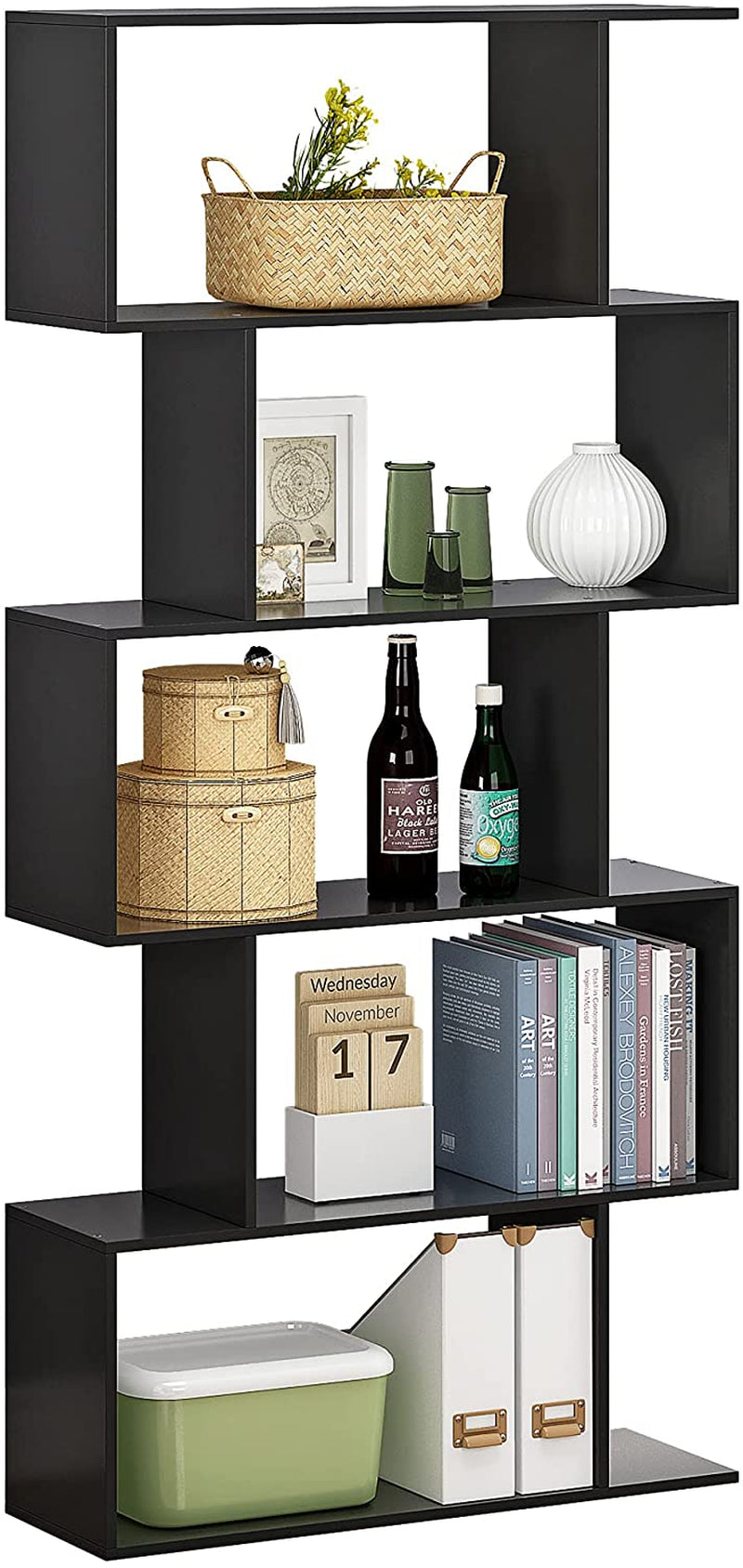 Wood Modern Bookshelf, 5 Tier Geometric Bookcase, Black Tall Bookshelf, Cube Display Cabinet,Freestanding Storage Shelving for Bedroom, Living Room, Office