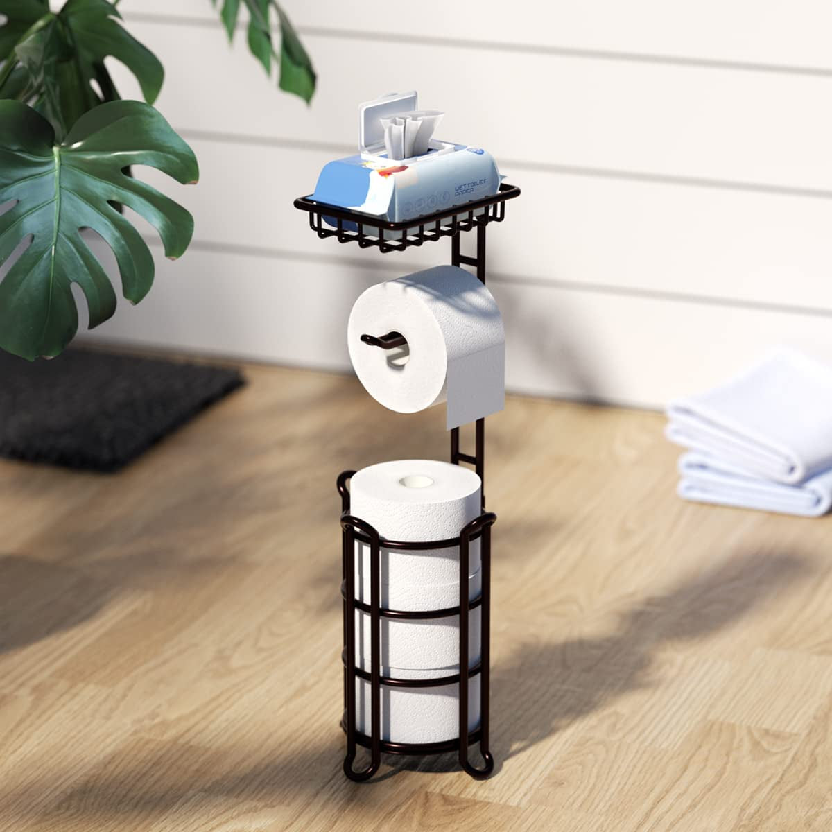 Toilet Paper Holder Stand Tissue Paper Roll Dispenser with Shelf for Bathroom Storage Holds Reserve Mega Rolls-Bronze